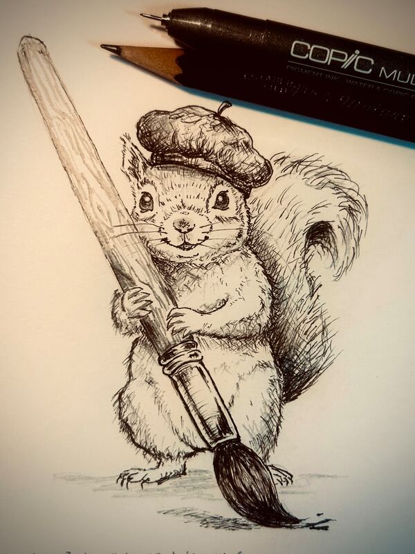 ベレー帽をかぶった二足歩行のリスが、大きな絵筆を両手で抱えて立っているイラスト。鉛筆の下書きの上に黒インクのペンで仕上げた、ハッチングの素朴な絵本風スケッチ。